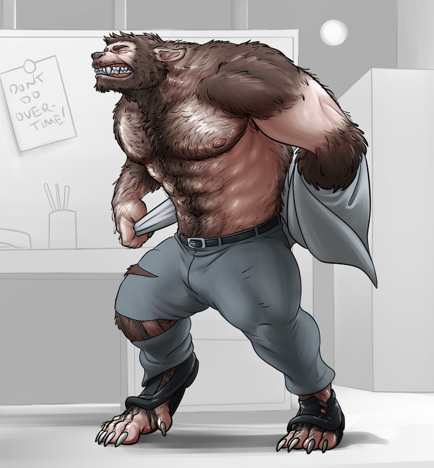 abs anthro beard belt bottomwear canine_ears canine_teeth claws clothed clothing eyes_closed facial_hair footwear full_moon fur fur_growth furniture grey_background growth hairy male mid_transformation moon muscle_growth muscular muscular_anthro muscular_male navel night nipples office office_desk office_setting pants paper pencil_(object) sharp_teeth shirt shoes shoes_ripping simple_background snout snout_growth solo stapler table taking_off_shirt teeth tight_bottomwear tight_clothing tight_pants topless topwear torn_bottomwear torn_clothing torn_pants torn_shoes transformation undressing warning_message window work_clothes awarebear mythology canid canine mammal mythological_canine mythological_creature werecanid werecanine werecreature werewolf hi_res