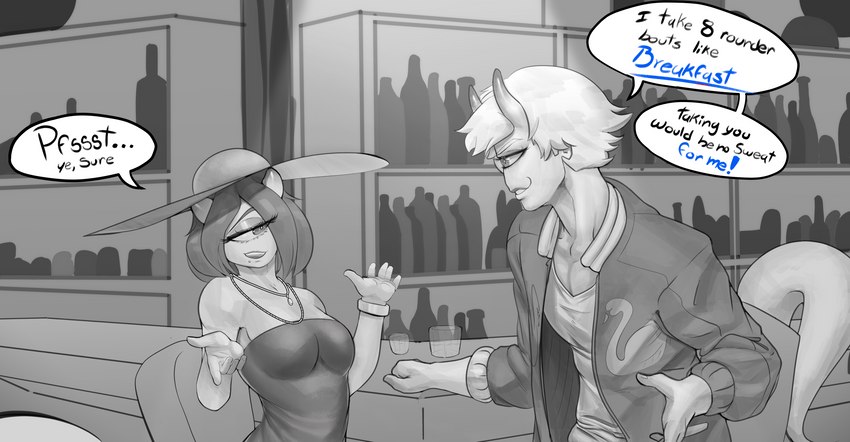 bar clothing dialogue duo female hat headgear headwear horn jewelry long_tail male male/female necklace tail cinkoji aleksi arima_(anaid) cyclops humanoid tailclops_(race) tailclops_(species) absurd_res greyscale hi_res monochrome