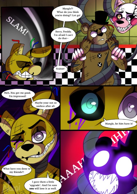 glowing glowing_eyes group machine text nomidot fazbear's_fright five_nights_at_freddy's five_nights_at_freddy's_3 scottgames phantom_freddy_(fnaf) phantom_mangle_(fnaf) springtrap_(fnaf) animatronic robot comic digital_media_(artwork) english_text hi_res