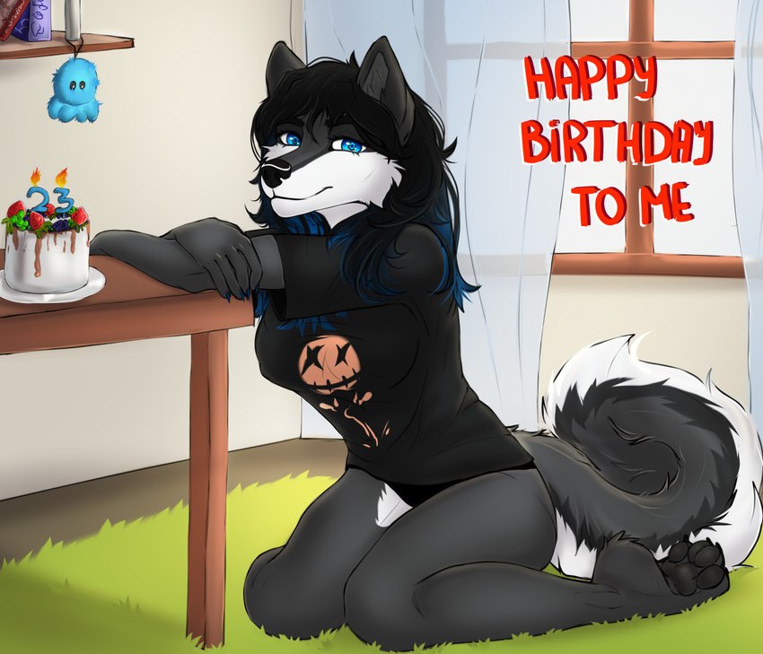 5_fingers anthro black_hair blue_eyes breasts clothed clothing eyebrows eyelashes female fingers fur grey_body grey_fur hair kneeling looking_at_viewer smile solo kaiotawolf canid canine canis domestic_dog husky mammal nordic_sled_dog spitz digital_media_(artwork) shaded