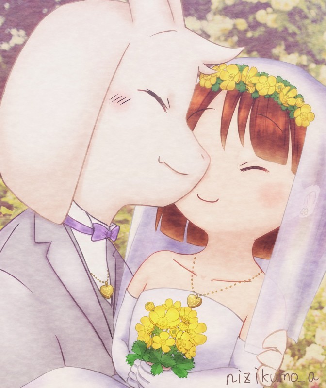 5_fingers ambiguous_gender anthro clothed clothing dress duo fingers flower fur groom hand_holding heart_locket heart_symbol jewelry male necklace pendent plant romantic romantic_ambiance romantic_couple wedding wedding_dress white_body white_fur nizikumo_a undertale undertale_(series) asriel_dreemurr chara_(undertale) boss_monster_(undertale) bovid caprine human mammal 2018 hi_res