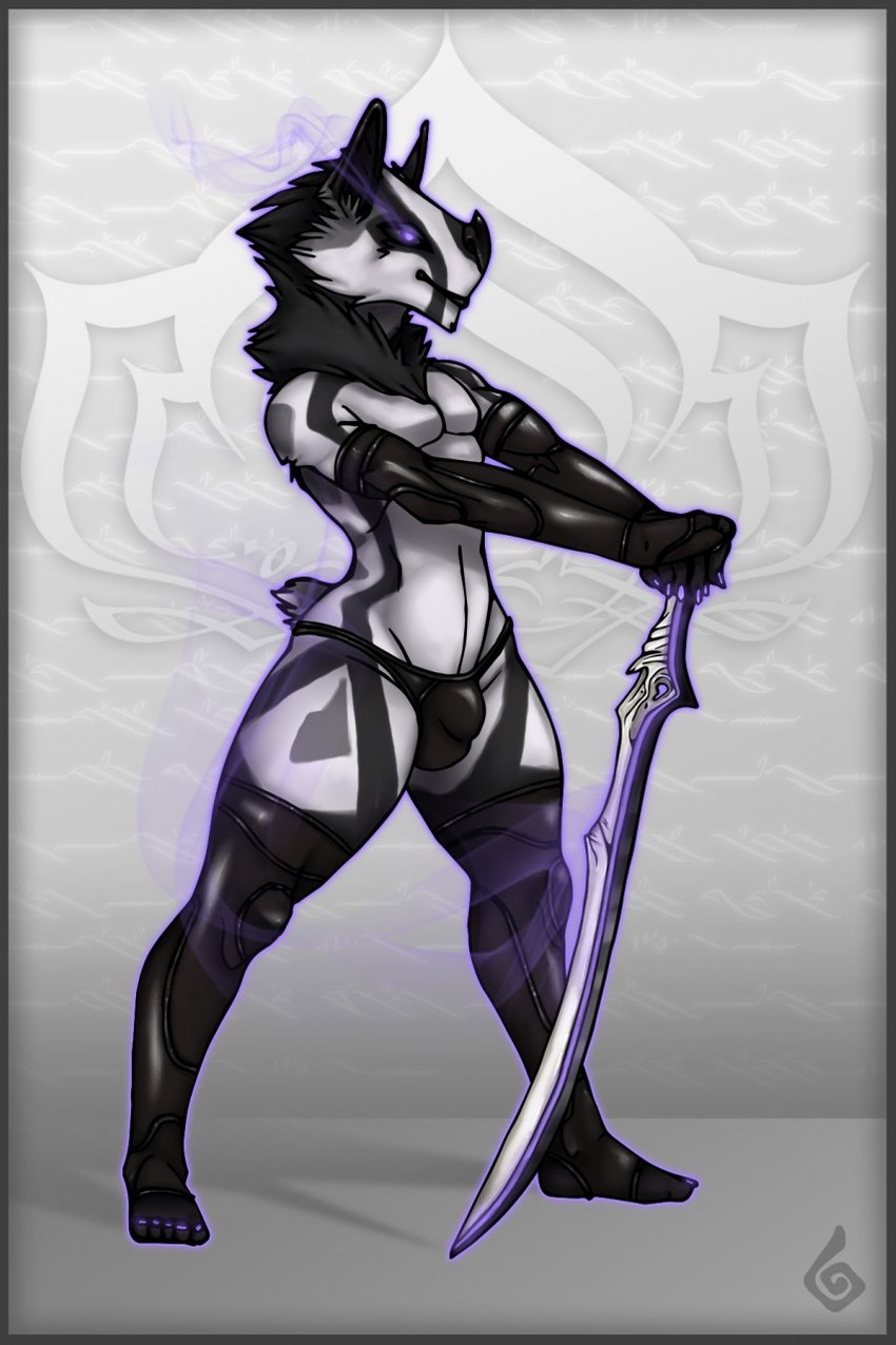 anthro anthrofied black_hair border bulge claws clothing curvy_figure detailed_bulge femboy fur fur_markings genital_outline glowing glowing_claws glowing_eyes grey_border hair leggings legwear male markings melee_weapon neck_tuft panties penis_outline solo standing sword thick_thighs tuft underwear weapon white_body white_fur nyhm digital_extremes tencent warframe warframe_logo kubrow mammal hi_res signature