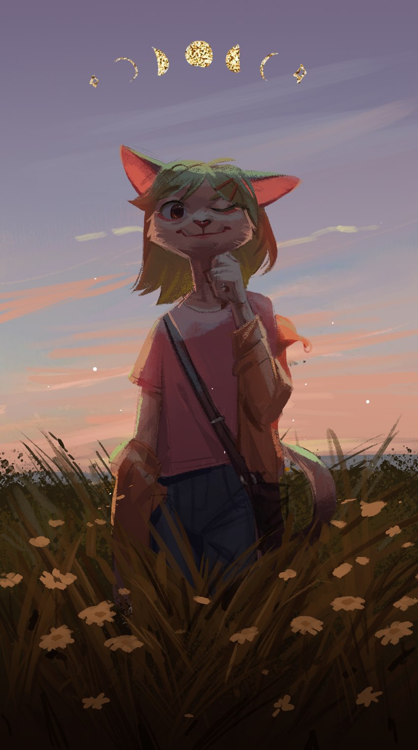 anthro clothing femboy flower looking_at_viewer male meadow one_eye_closed plant solo sunset wink knyaz_kolosok anisette_(noitro) domestic_cat felid feline felis mammal hi_res