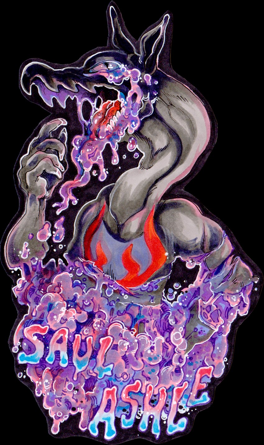 anthro badge biped black_body black_scales bodily_fluids candy_gore drooling forked_tongue gore grey_body grey_scales male markings purple_eyes purple_markings red_body red_markings red_scales saliva scales tongue zenophrenic nintendo pokemon fan_character saul_ashle generation_7_pokemon hybrid pokemon_(species) salandit salazzle alpha_channel hi_res