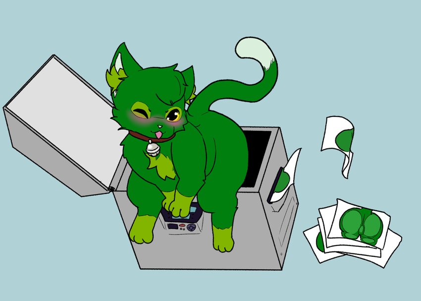 anthro backsack balls bell bell_collar big_butt blush butt collar fur genitals green_body green_fur male photocopier photocopying_butt simple_background sitting solo tail anonymous_artist domestic_cat felid feline felis mammal absurd_res digital_media_(artwork) hi_res