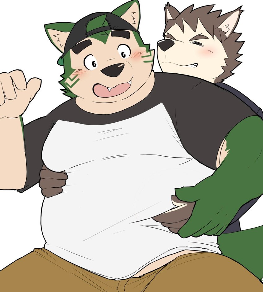 anthro backwards_baseball_cap backwards_hat baseball_cap belly belly_squish blush clothing duo eyebrows fur green_body green_fur groping_from_behind hat headgear headwear hug male male/male overweight squish thick_eyebrows nikukyu299paw lifewonders live_a_hero dog_operator mokdai protagonist_(live_a_hero) canid canine canis domestic_dog mammal hi_res