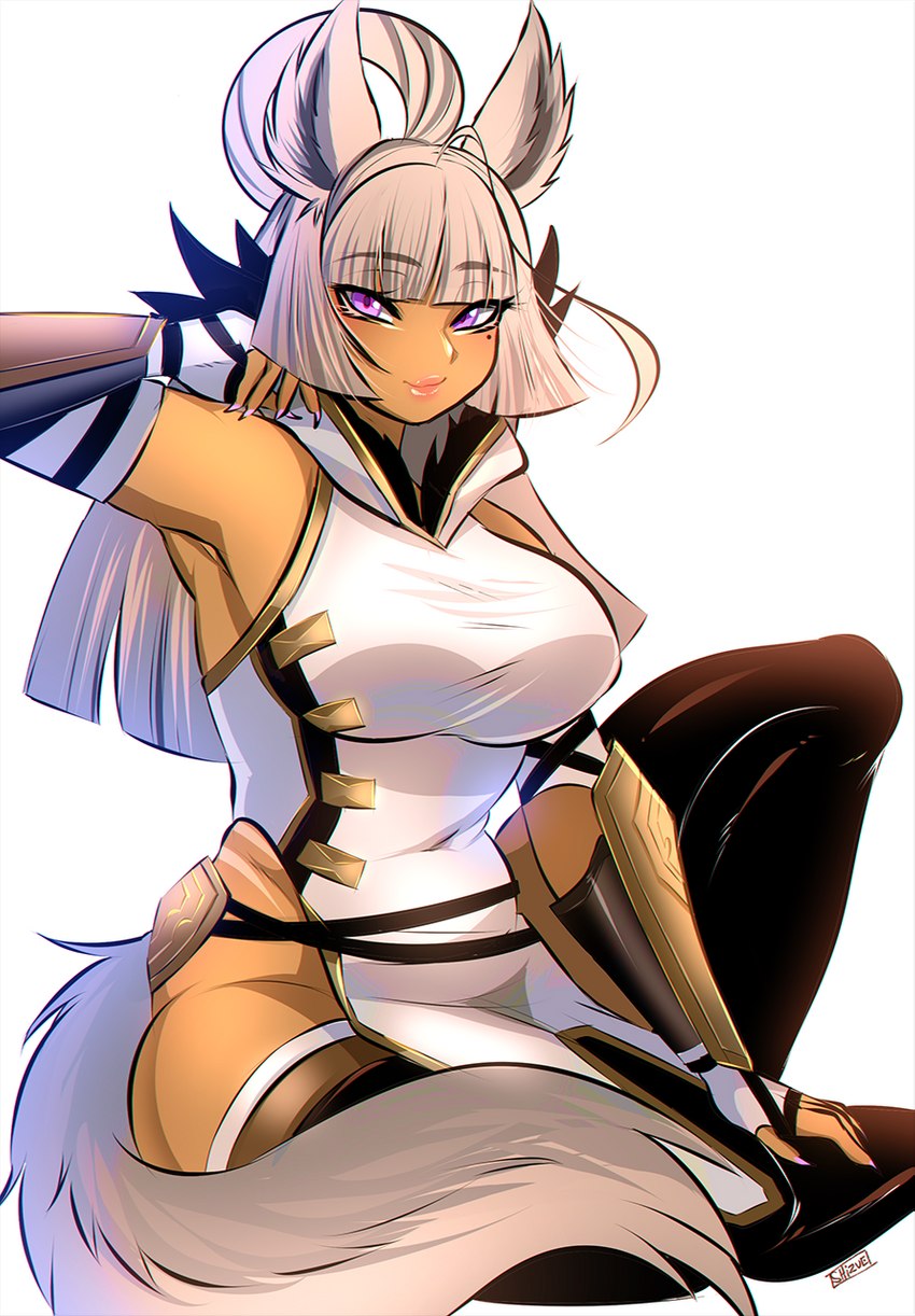 big_breasts breasts clothed clothing female hair legwear simple_background solo thigh_highs white_background luvon final_fantasy final_fantasy_xiv square_enix shizue_(luvon) animal_humanoid cat_humanoid felid felid_humanoid feline feline_humanoid humanoid mammal mammal_humanoid miqo'te hi_res