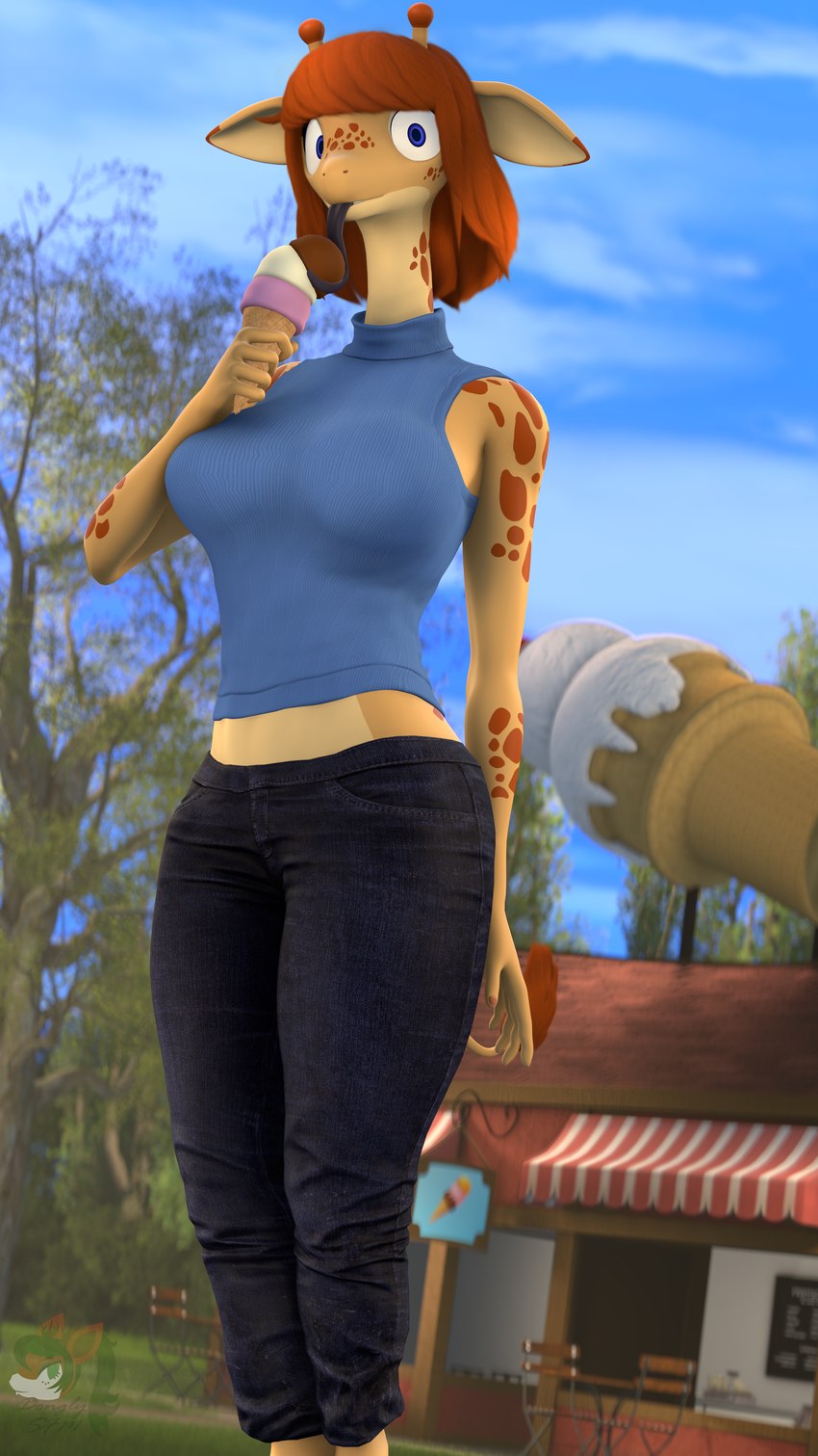 anthro big_breasts blue_tongue bottomwear breasts clothing denim denim_bottomwear denim_clothing dessert female food ice_cream ice_cream_cone jeans long_tongue midriff outside pants revamped_anthros solo tongue tongue_out donglysfm mari_(donglysfm) giraffe giraffid mammal 3d_(artwork) 4k 9:16 absurd_res digital_media_(artwork) hi_res source_filmmaker_(artwork)