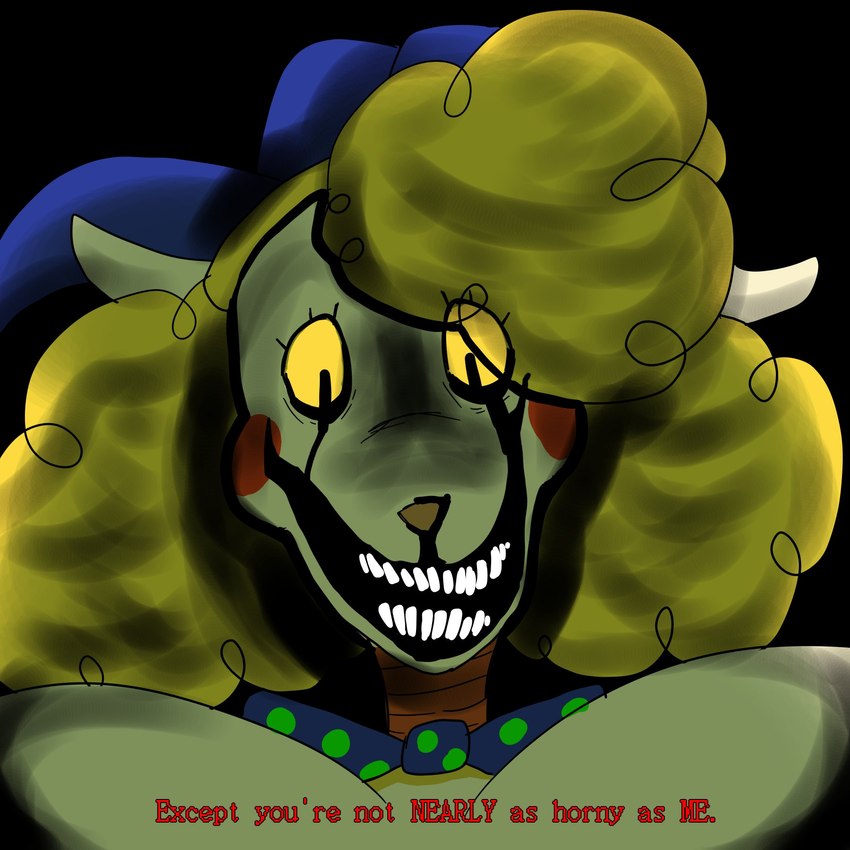 anthro big_breasts bow_tie breasts clothing creepy creepy_face creepy_smile female fool's_hat fur glowing glowing_eyes hat headgear headwear red_cheeks red_text smile solo text wool_(fur) yellow_body yellow_eyes yellow_fur yellow_wool tvkidd the_walten_files jolly_(twf) mateo_(tvkidd) sha_(twf) the_jolly_ghost_(twf) bovid caprine mammal sheep 1:1 hi_res