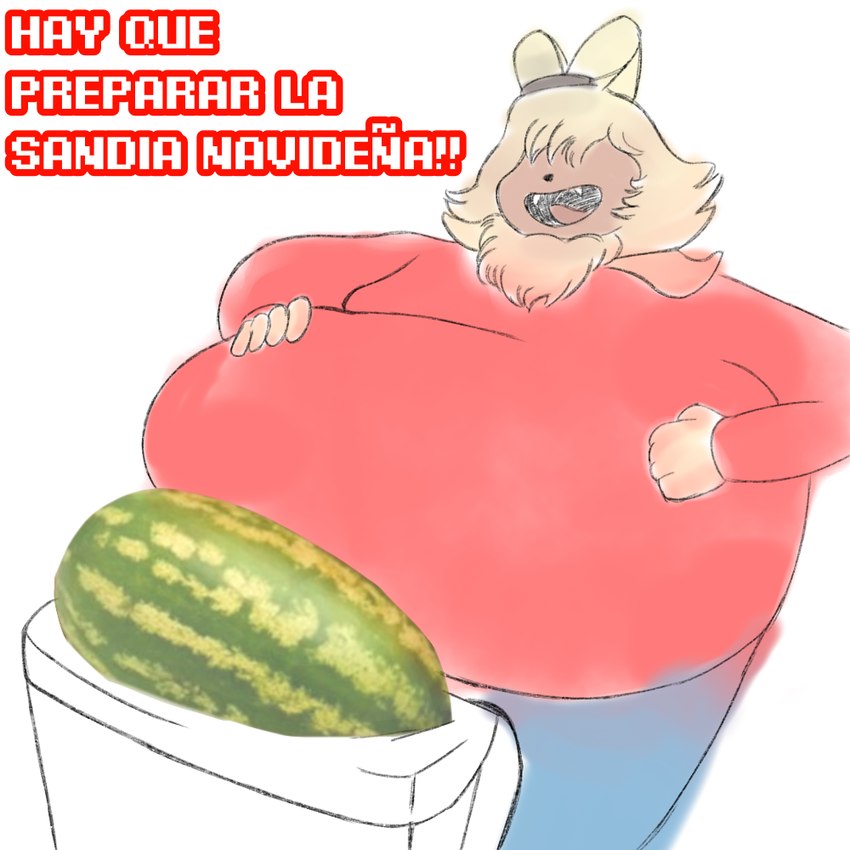 anthro bathtub belly bent_arm big_arms big_belly black_nose brown_body brown_skin clothed clothing cosplay covered_eyes crossover_cosplay exclamation_point expressive facial_expressions fluffy fluffy_chest fluffy_hair food fruit fur hair hair_over_eyes hand_on_belly holidays large_male long_ears male melon neck_tuft open_mouth overweight parody plant real red_clothing red_shirt red_topwear sharp_teeth shirt simple_background simple_drawing smile solo standing teeth text thick_thighs tongue topwear tuft watermelon white_background yellow_body yellow_fur lacasadelosdibujosua bandai_namco christmas digimon fat_albert_and_the_cosby_kids toei_animation youtube youtube_poop fat_albert angoramon digimon_(species) humanoid lagomorph leporid mammal rabbit 1:1 colored crossover digital_drawing_(artwork) digital_media_(artwork) meme photo_manipulation sketch spanish_text translated