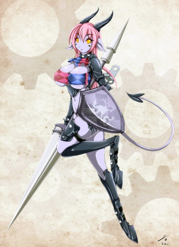 alternative_fashion armor big_breasts breasts collar female goth hair hooves horn lance melee_weapon not_furry pink_hair polearm shield solo tail weapon winding_key yellow_eyes matypup demon demon_humanoid horned_humanoid humanoid tiefling warforged hi_res