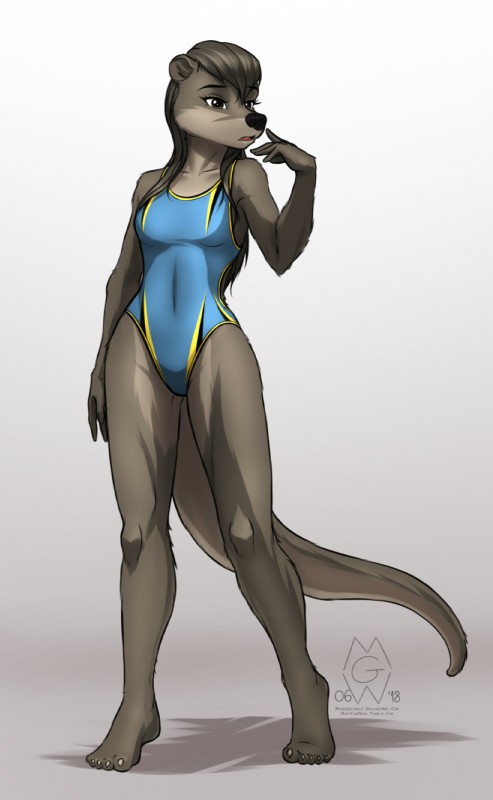 anthro black_nose breasts brown_eyes brown_hair clothed clothing eyelashes female hair long_hair long_legs one-piece_swimsuit solo sport_swimsuit swimwear mykegreywolf nat_(mykegreywolf) mammal mustelid otter 2018 digital_media_(artwork) hi_res signature