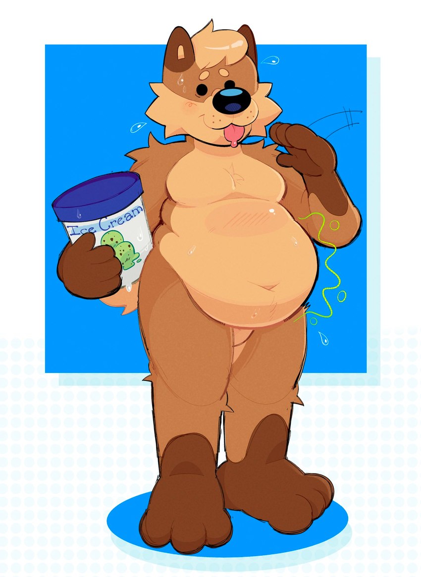 3_toes 4_fingers anthro beady_eyes belly belly_overhang black_nose bodily_fluids brown_body brown_fur cheek_tuft countershade_face countershade_legs countershade_torso countershading deep_navel dessert facial_tuft featureless_crotch feet fingers food fur hair holding_food holding_ice_cream holding_object ice_cream male mint_chocolate_chip navel overweight overweight_anthro overweight_male pink_tongue saliva saliva_on_tongue snout solo standing sweat tail tan_body tan_countershading tan_hair three-quarter_view toes tongue tongue_out tuft gramgastronomy graham_(gramgastronomy) canid canine mammal hi_res unavailable_at_source