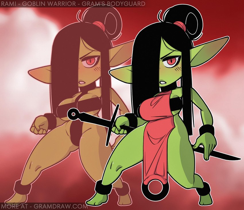 5_fingers ankle_band big_breasts big_ears black_clothing black_hair blush bottomwear breasts clothed clothed_female clothed_humanoid clothing ear_blush female female_humanoid fingers green_body green_ears green_face green_skin hair hair_over_eye holding_melee_weapon holding_object holding_sword holding_weapon humanoid_pointy_ears loincloth long_ears long_hair melee_weapon narrowed_eyes not_furry pointy_ears red_clothing red_eyes short_stack skimpy solo standing sword text tied_hair weapon wristband gramdraw rami_(gramdraw) goblin humanoid 2023 digital_drawing_(artwork) digital_media_(artwork) full-length_portrait hi_res portrait url