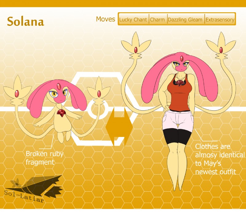 alternate_species clothing female humanoidized jewelry looking_at_viewer necklace not_furry solo text yellow_eyes latiar nintendo pokemon fan_character solana_(latiar) generation_4_pokemon humanoid legendary_pokemon mesprit pokemon_(species) shiny_pokemon english_text