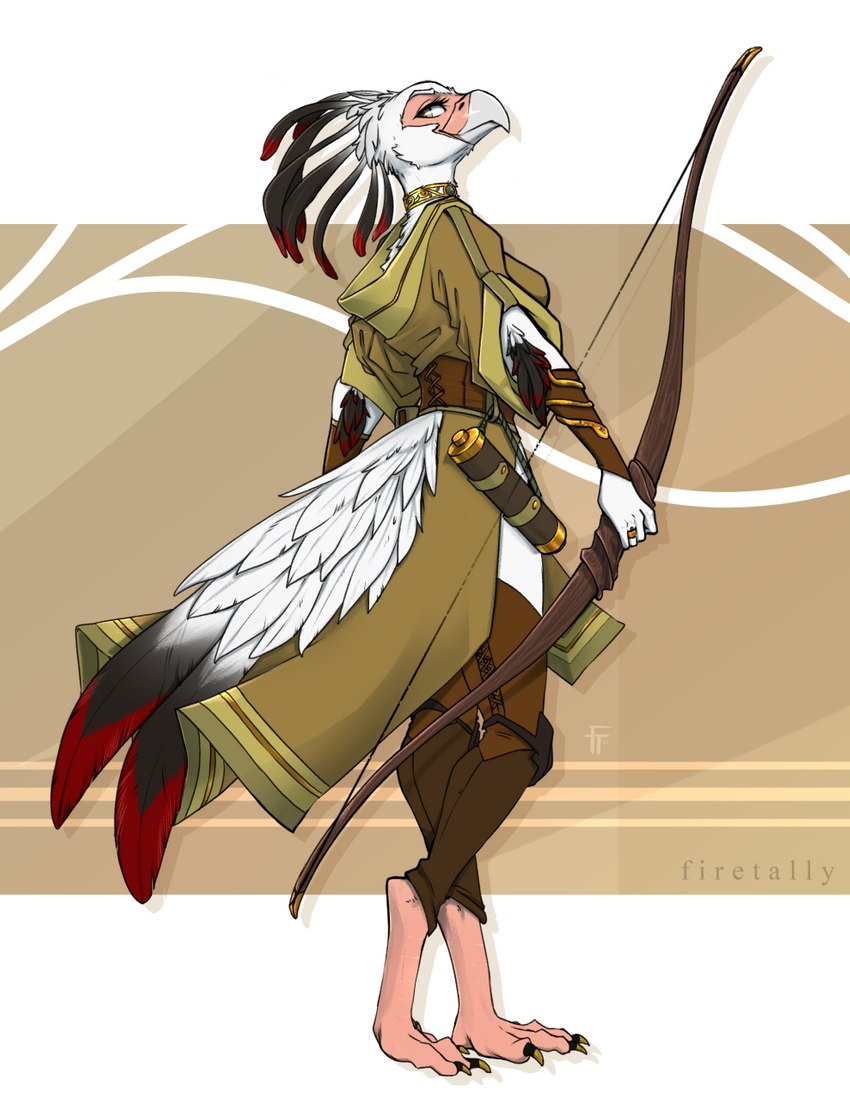 anthro avian_feet barefoot beak bow_(weapon) breasts claws clothed clothing digitigrade feathers feet female fingers holding_bow_(weapon) holding_object holding_ranged_weapon holding_weapon non-mammal_breasts ranged_weapon smile solo tail tail_feathers toes weapon white_body white_feathers firetally amelia_(linnaauriandi) accipitriform avian bird secretary_bird 2022 digital_media_(artwork) hi_res shaded signature