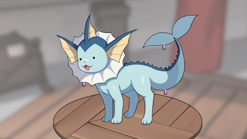 ambiguous_gender blue_body blue_legs blue_tail blurred_background dot_eyes feral inside open_mouth quadruped solo tail tongue drunk_oak nintendo pokemon ditto_(pokemon) eeveelution generation_1_pokemon pokemon_(species) vaporeon 16:9 2023 hi_res widescreen