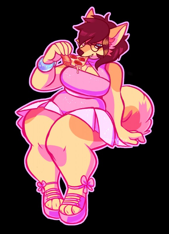 anthro bottomwear clothed clothing eyewear female food fur glasses hair obese obese_anthro obese_female overweight overweight_anthro overweight_female pizza simple_background skirt smile solo thick_thighs transparent_background skymachine canid canine mammal alpha_channel hi_res