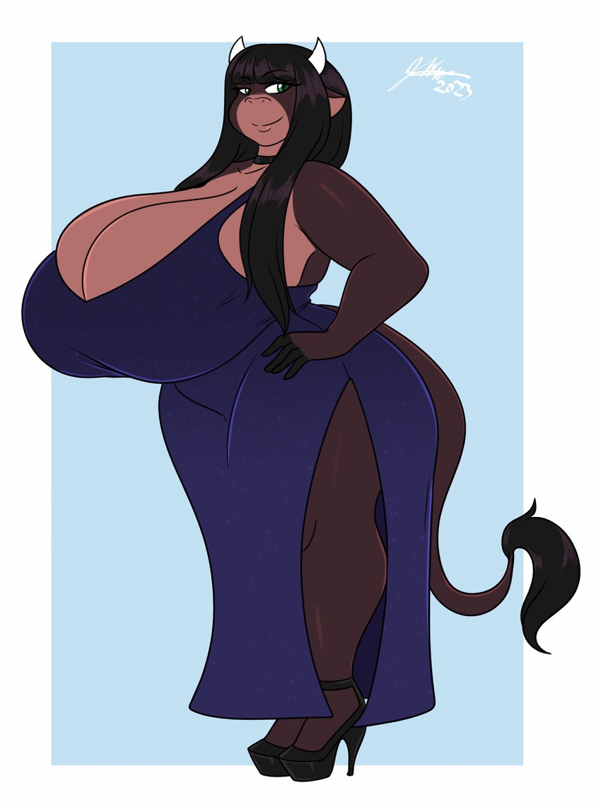 anthro big_breasts breasts cleavage clothed clothing dress female footwear hand_on_hip high_heels huge_breasts shoes solo thick_thighs jwinkz summer_(jwinkz) bovid bovine cattle mammal 2023 hi_res