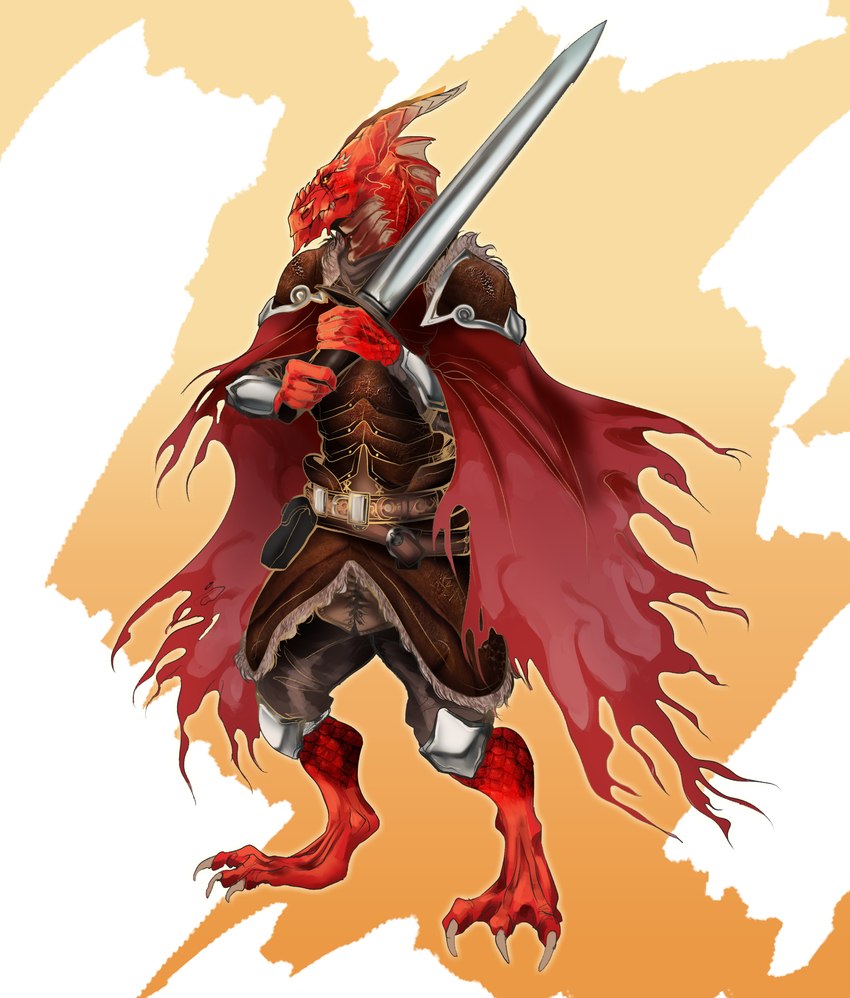 amber_eyes anthro armor claws cloak clothed clothing frill_(anatomy) holding_object holding_weapon horn male melee_weapon muscular muscular_anthro muscular_male red_body red_scales scales scar simple_background solo tall tattered_cape teeth toe_claws weapon kaoskii mythology rasvarax draconid dragon mammal mythological_creature mythological_scalie scalie absurd_res hi_res