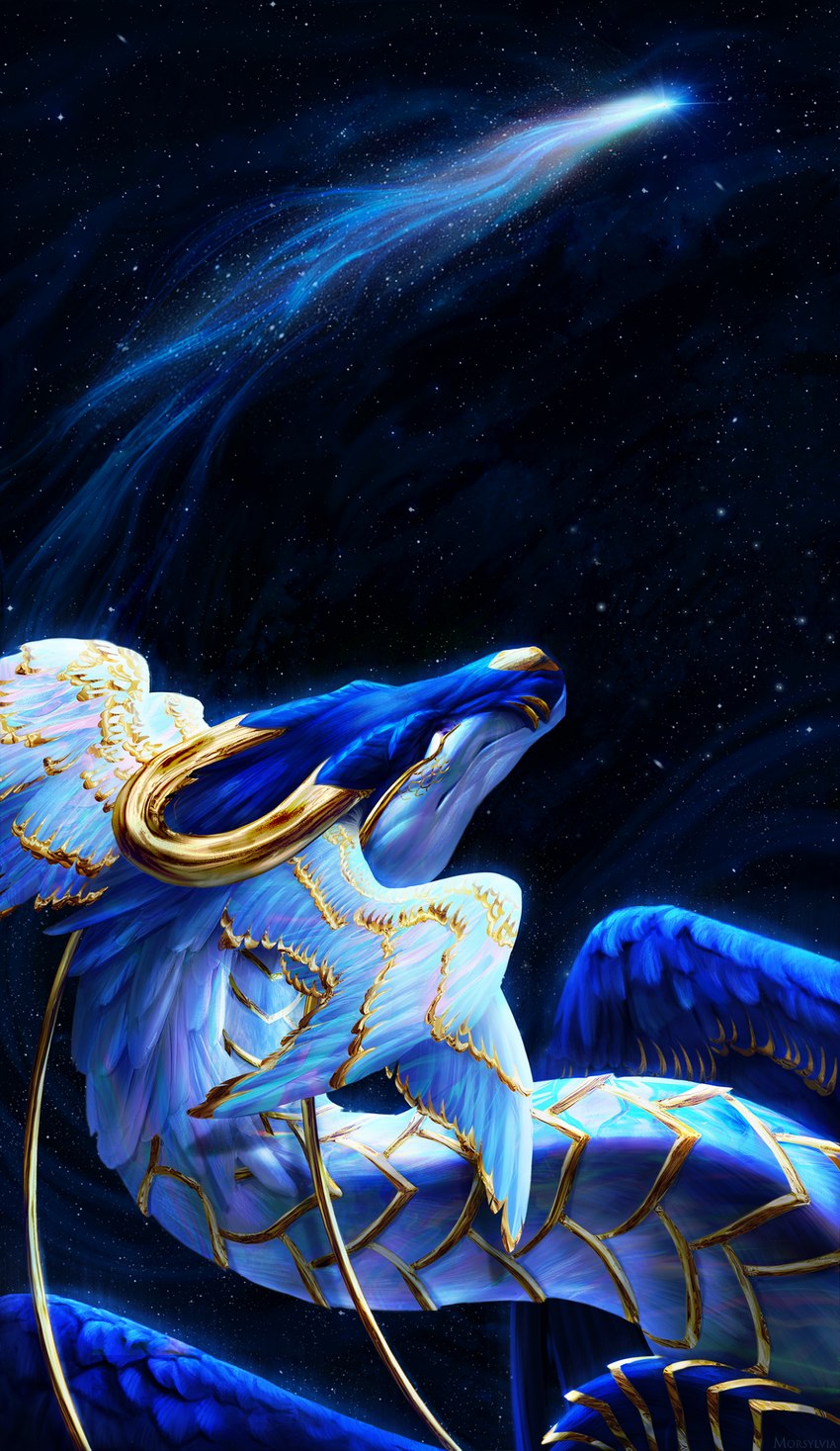 ambiguous_gender blue_body blue_scales cosmic_background feathered_wings feathers feral scales solo wings morsylvia mythology dragon feathered_dragon feathered_scalie mythological_creature mythological_scalie scalie 2023 absurd_res digital_media_(artwork) hi_res