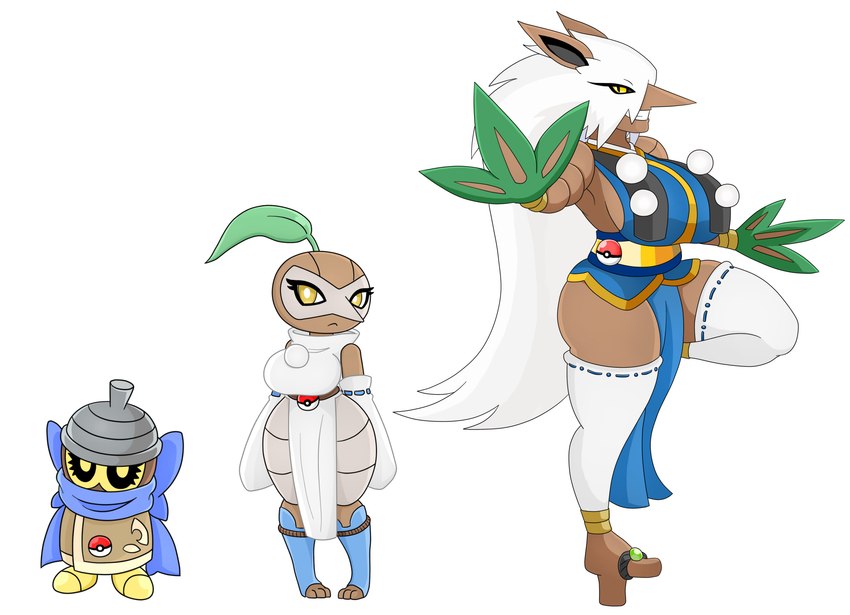 anthro armwear asian_clothing big_breasts breasts brown_body clothing dress east_asian_clothing female group hair japanese_clothing leaf legwear pokeball pupils scarf shirt simple_background standard_pokeball topwear trio tunic white_background white_hair white_pupils yellow_eyes urusee584 nintendo pokemon generation_3_pokemon nuzleaf pokemon_(species) seedot shiftry absurd_res hi_res