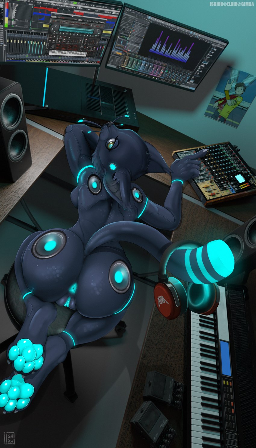 4_toes 5_finger_fingering anthro anthrofied anus barefoot big_butt black_body blue_anus blue_eyes blue_markings blue_pawpads blue_pussy breasts bubble_butt butt computer_monitor detailed_background dutch_angle electronics feet female genitals headphones high-angle_view hindpaw inside keyboard_instrument kneeling looking_at_viewer looking_back looking_back_at_viewer machine markings musical_instrument nude on_stool pawpads paws presenting presenting_anus presenting_hindquarters presenting_pussy pussy side_boob soles solo speaker toes whiskers wide_hips elkir gimka ishiru hi-fi_rush microsoft tango_gameworks 808_(hi-fi_rush) chai_(hi-fi_rush) domestic_cat felid feline felis mammal robot absurd_res hi_res