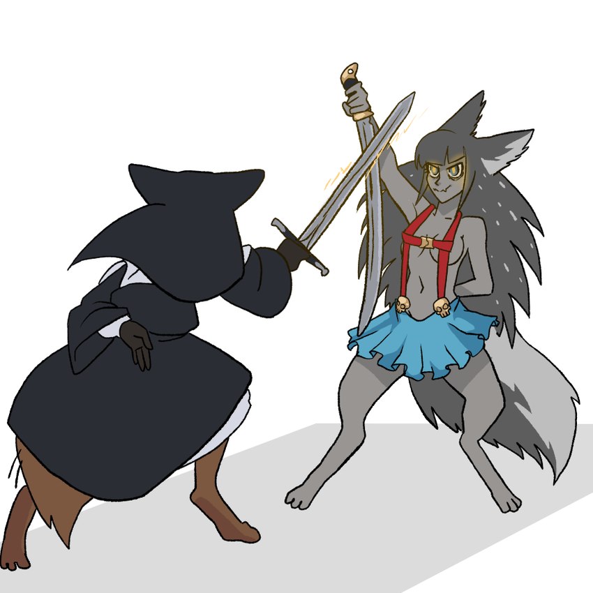 anthro bottomwear clothing duo female fight katana melee_weapon nun skirt sword swordfight weapon unknown_artist prostokvashino tama-tama canid canine canis eurasian_red_squirrel hybrid kangaroo macropod mammal marsupial rodent sciurid tree_squirrel wolf 1:1