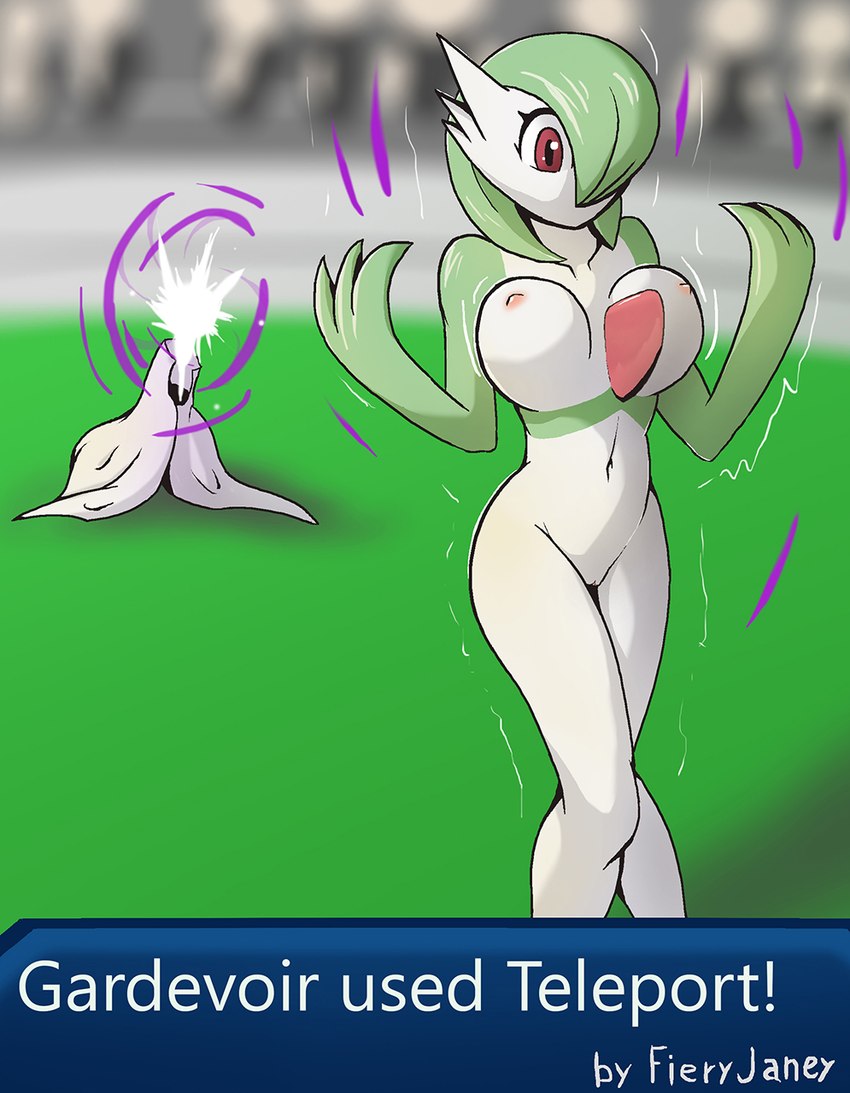 accident accidental_exposure breasts clothing clothing_aside embarrassed exhibitionism exposed female genitals nipples public pussy solo teleportation fieryashy nintendo pokemon gardevoir generation_3_pokemon pokemon_(species) hi_res