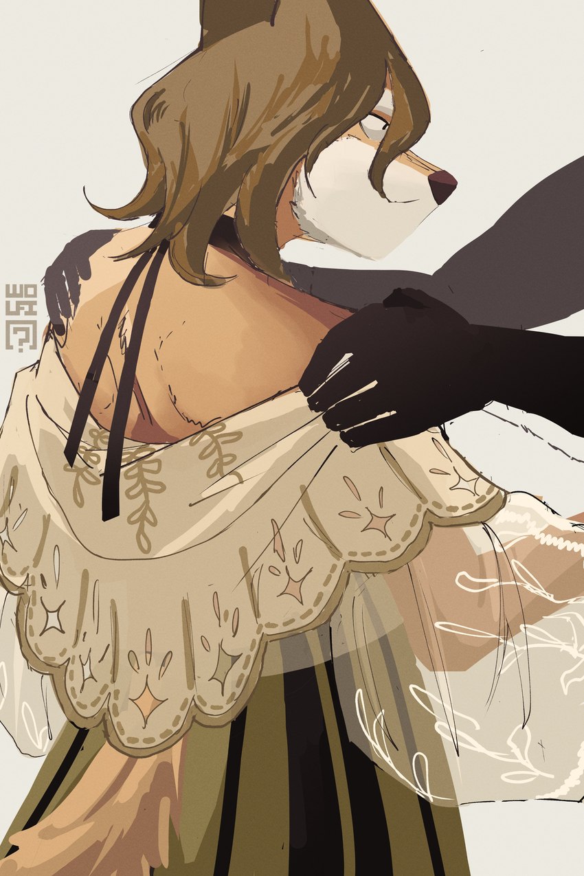 anthro bare_back bare_shoulders baro't_saya duo female filipiniana hands_on_shoulders looking_at_another male philippines simple_background w0lfi unnamed_character canid canine mammal absurd_res hi_res watermark