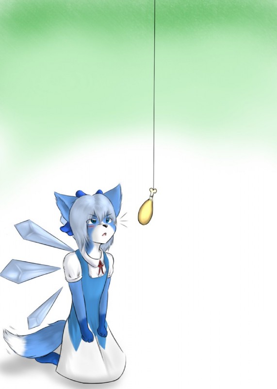 anthro blue_eyes blue_hair dipstick_tail female food hair markings ribbons simple_background solo tail tail_markings turkey_leg wings madadh_ruadh touhou cirno canid canine fox mammal hi_res