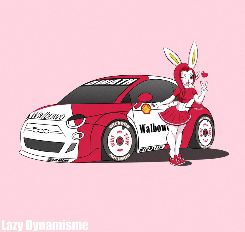 anthro automotive bottomwear car clothing female fiat500 miniskirt pose poster racecar retro skirt solo vehicle vintage lazydynamisme fiat fiat_500 nintendo pokemon cinderace generation_8_pokemon lagomorph leporid mammal pokemon_(species) rabbit absurd_res hi_res pinup