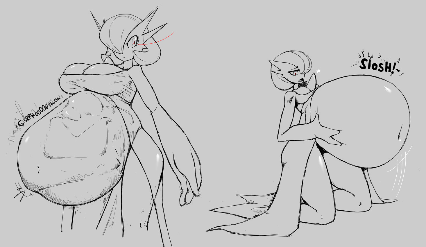 3_fingers abdominal_bulge ambiguous_gender ambiguous_prey belly big_belly big_breasts breasts chest_spike cleavage clothed clothing death dress duo eyelashes female female_pred fingers glistening glistening_body glowing glowing_eyes grey_background hand_on_belly huge_belly humanoid_pred hyper hyper_belly kneeling larger_female looking_away looking_pleasured medium_breasts onomatopoeia overweight overweight_female overweight_humanoid prey_outline pseudo_clothing pseudo_hair red_eyes serious_face simple_background size_difference slosh sloshing_belly sound_effects spikes spikes_(anatomy) standing text thick_thighs upper_teeth vore areskraft33 nintendo pokemon alpha_pokemon gardevoir generation_3_pokemon humanoid pokemon_(species) 2022 absurd_res digital_drawing_(artwork) digital_media_(artwork) hi_res sketch