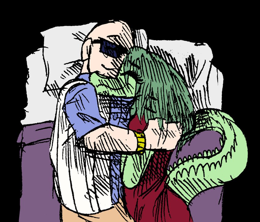 anthro bald bed clothing cuddling dress_shirt duo eyelashes eyes_closed eyewear female furniture green_body green_hair green_scales hair hug light-skinned_male light_body light_skin long_hair long_tail lying lying_on_bed male male/female on_bed on_side scales shirt simple_background smile snout sunglasses tail topwear transparent_background banco cavemanon_studios i_wani_hug_that_gator inco_(iwhtg) olivia_halford baryonyx dinosaur human mammal prehistoric_species reptile scalie spinosaurid theropod 2024 alpha_channel digital_drawing_(artwork) digital_media_(artwork) hi_res