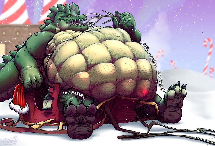 abdominal_bulge anthro fatal_vore holidays male oral_vore picking_teeth rumbling_stomach size_difference sled solo vore weight_gain chopangigante christmas brutis crocodilian reptile scalie digital_media_(artwork) hi_res