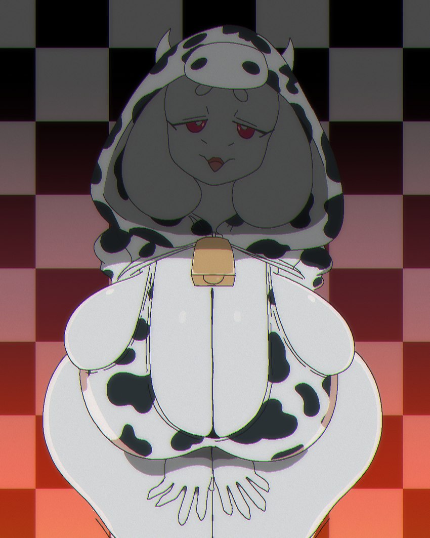 animal_print big_breasts bra breast_squish breasts cleavage clothed clothing cow_costume cow_print cowbell female huge_breasts looking_at_viewer narrowed_eyes solo squint squish tight_clothing underwear nerobero0 undertale_(series) toriel bovid caprine goat mammal hi_res