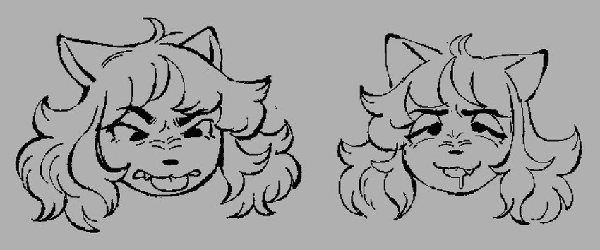 angry anthro bodily_fluids cross-eyed ears_back female fluffy fluffy_hair grey_background growling hair long_hair pivoted_ears saliva saliva_string simple_background solo tongue tongue_out zero_pictured wonderslug pepper_(wonderslug) humanoid headshot_portrait monochrome portrait