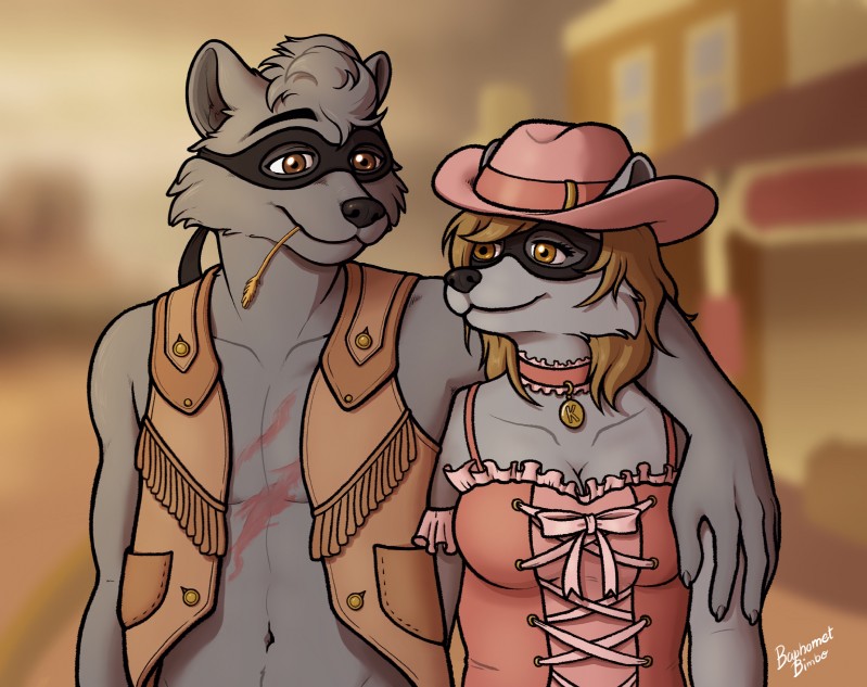 anthro choker clothing cowboy_hat domino_mask duo eyemask eyewear fur grey_body grey_fur hat headgear headwear jewelry mask necklace old_west scar baphometbimbo mammal procyonid raccoon absurd_res hi_res