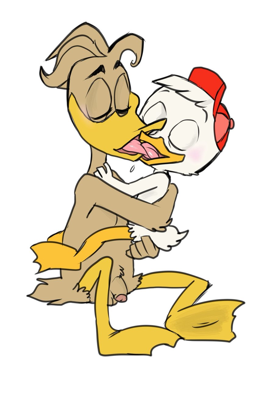 adult_on_young age_difference anthro balls beak blush bodily_fluids clothing duo eyes_closed french_kissing genitals hat hat_only headgear headgear_only headwear headwear_only hug humanoid_genitalia humanoid_penis kissing male male/male mostly_nude nude penis saliva smile young igotdragons disney ducktales ducktales_(2017) fenton_crackshell huey_duck anatid anseriform avian bird duck hi_res