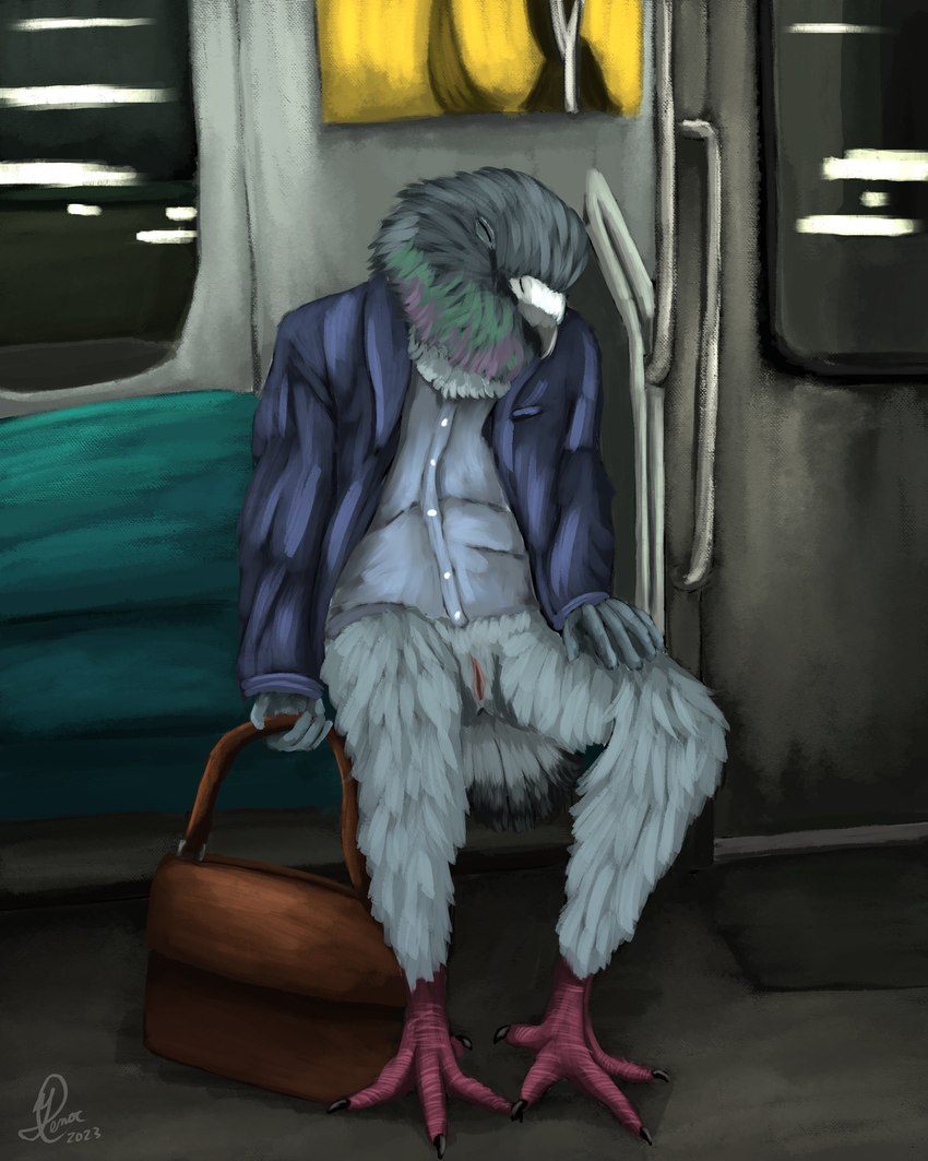 animal_genitalia anthro businesswear cloaca clothing feathers genitals inside_train male partial_nudity public public_exposure sitting sleeping solo suit suitcase train vehicle yenocwolf birdtember avian bird columbid pigeon 4:5 absurd_res hi_res