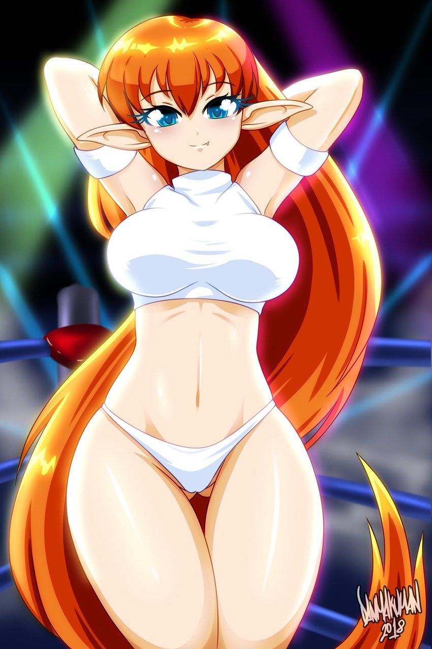 arms_above_head big_breasts blue_eyes bra breasts brown_hair butt clothed clothing eyebrows eyelashes fangs female fighting_ring fully_clothed gloves hair handwear humanoid_pointy_ears long_hair looking_at_viewer navel neon_lights not_furry pointy_ears pose red_hair solo sports_bra spotlight teeth thong tight_clothing underwear white_bra white_clothing white_sports_bra white_thong white_underwear danmakuman galaxy_fight sunsoft roomi humanoid lutecian mammal 2019 2:3 absurd_res digital_drawing_(artwork) digital_media_(artwork) hi_res signature