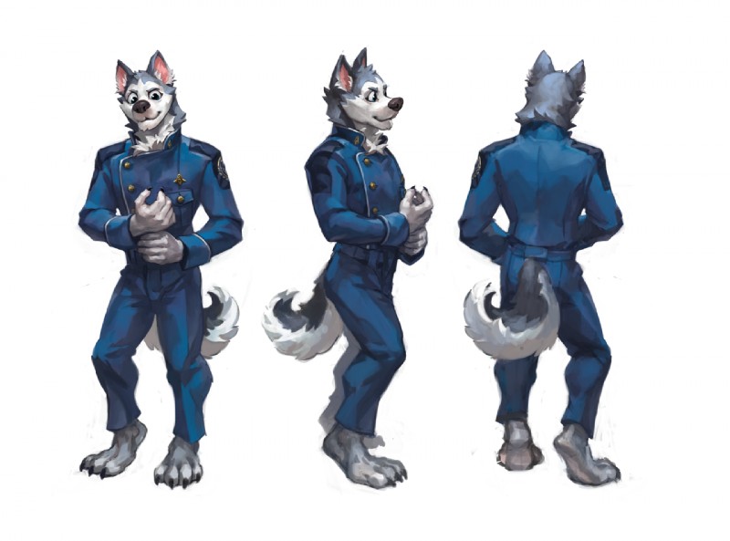 anthro clothing male neck_tuft solo tuft uniform fabercastel battlestar_galactica_(series) ceres canid canine canis domestic_dog husky mammal nordic_sled_dog spitz 2015 digital_media_(artwork) full-length_portrait model_sheet portrait