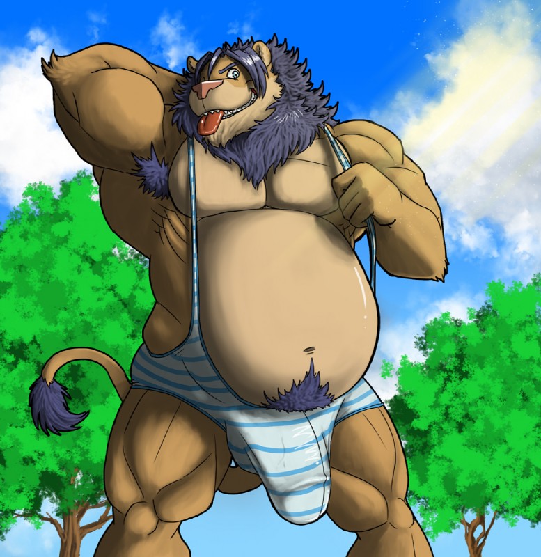 anthro blue_eyes bulge butt clothing detailed_bulge flexing genital_outline looking_at_viewer male mane musclegut muscular muscular_anthro muscular_male overweight overweight_anthro overweight_male penis_outline pose shirt slightly_chubby solo stocky tongue topwear wrestling_singlet deadanthro tendaji felid lion mammal pantherine pinup