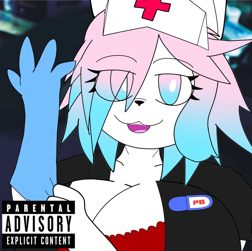 big_breasts bra breasts clothing female gloves hair handwear huge_breasts nurse_clothing smile solo underwear white_body blazerfurro blink-182 pb_(theycallhimcake) lagomorph leporid mallkin mammal rabbit absurd_res album_cover cover hi_res male_(lore)