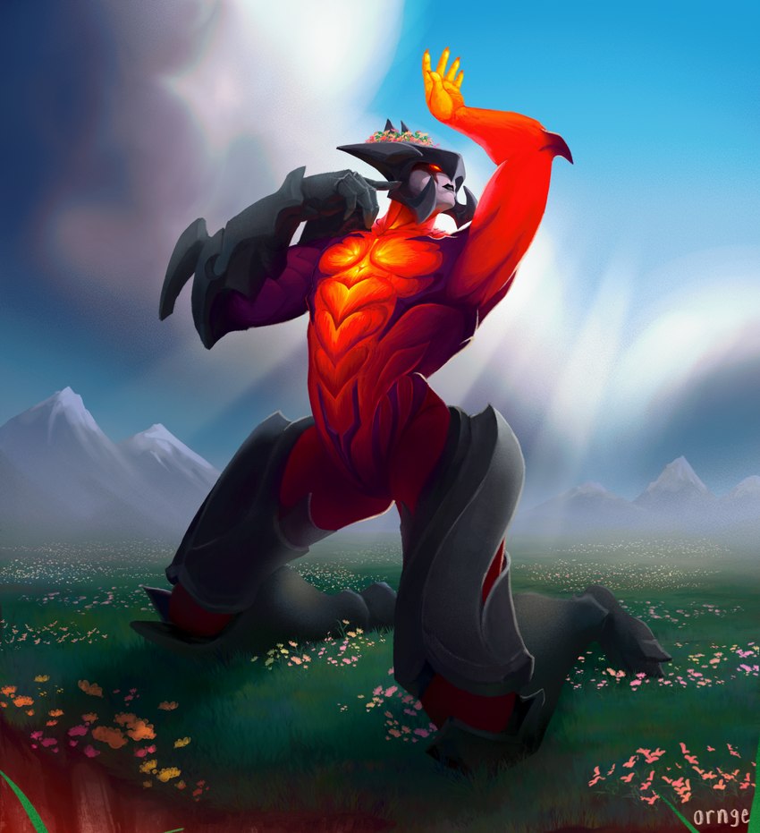 3_toes 5_fingers black_lips cloud detailed_background feet fingers flower flower_crown glowing glowing_chest glowing_eyes horn kneeling light light_beam lips looking_back male mountain muscular muscular_male not_furry outside plant red_eyes solo sunbeam sunlight toes ornge league_of_legends riot_games tencent aatrox_(lol) darkin horned_humanoid humanoid monster monstrous_humanoid 2023 hi_res