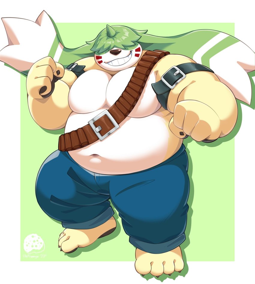 ammo_belt anthro belly belt biceps bottomwear clothed clothing denim denim_bottomwear denim_clothing fur hair hair_over_eyes horn jeans long_ears male multicolored_body multicolored_fur musclegut muscular muscular_arms navel pants pecs solo topless uwsponge bandai_namco digimon angoramon digimon_(species) gargomon hybrid hi_res