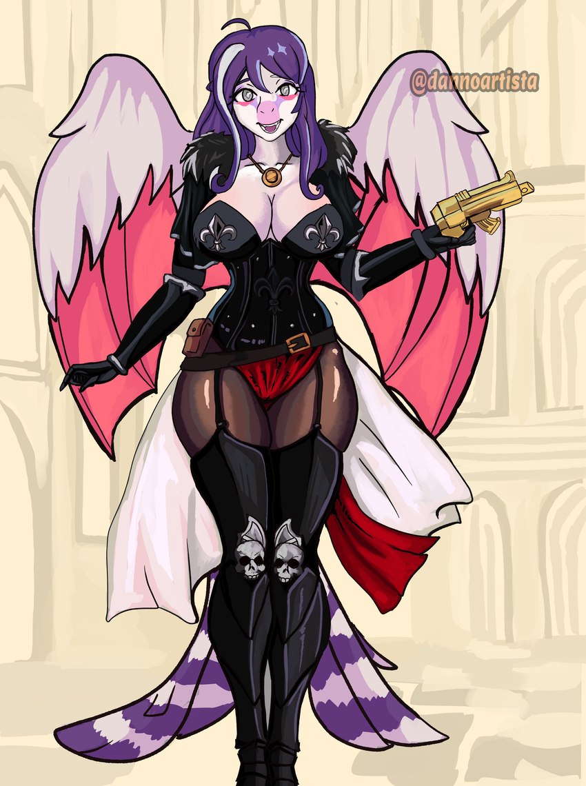 5_fingers adepta_sororitas anthro big_wings blaze_(marking) breasts bustier camel_toe cleavage clothed clothing cosplay curvy_figure detailed_background facial_markings feathered_wings feathers female fingers garter_straps grey_eyes gun hair head_markings holding_gun holding_object holding_ranged_weapon holding_weapon jewelry long_hair markings membrane_(anatomy) membranous_wings open_mouth panties pendant pouch_(clothing) purple_hair ranged_weapon snout solo tail tail_feathers teeth thigh_gap underwear weapon wide_hips wings dannoartista cavemanon_studios snoot_game warhammer_(franchise) warhammer_40000 azura_(snoot_game) fan_character sister_of_battle dinosaur prehistoric_species reptile scalie scansoriopterygid theropod yi_qi absurd_res colored hi_res