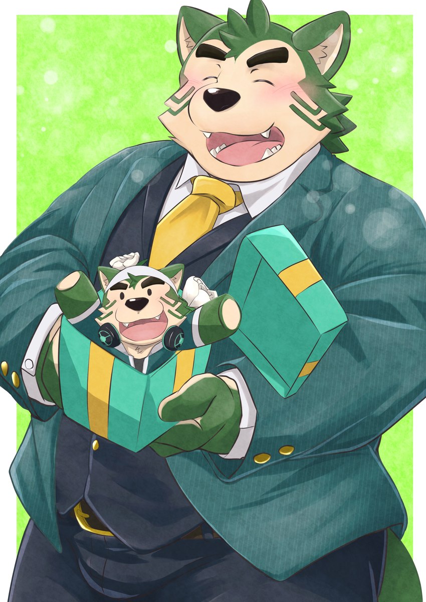 anthro blush box clothing container eyebrows fur gift_box green_background green_body green_fur male necktie plushie simple_background slightly_chubby smile solo suit thick_eyebrows topwear vest nazebesu_hobby lifewonders live_a_hero mokdai canid canine canis domestic_dog mammal absurd_res hi_res