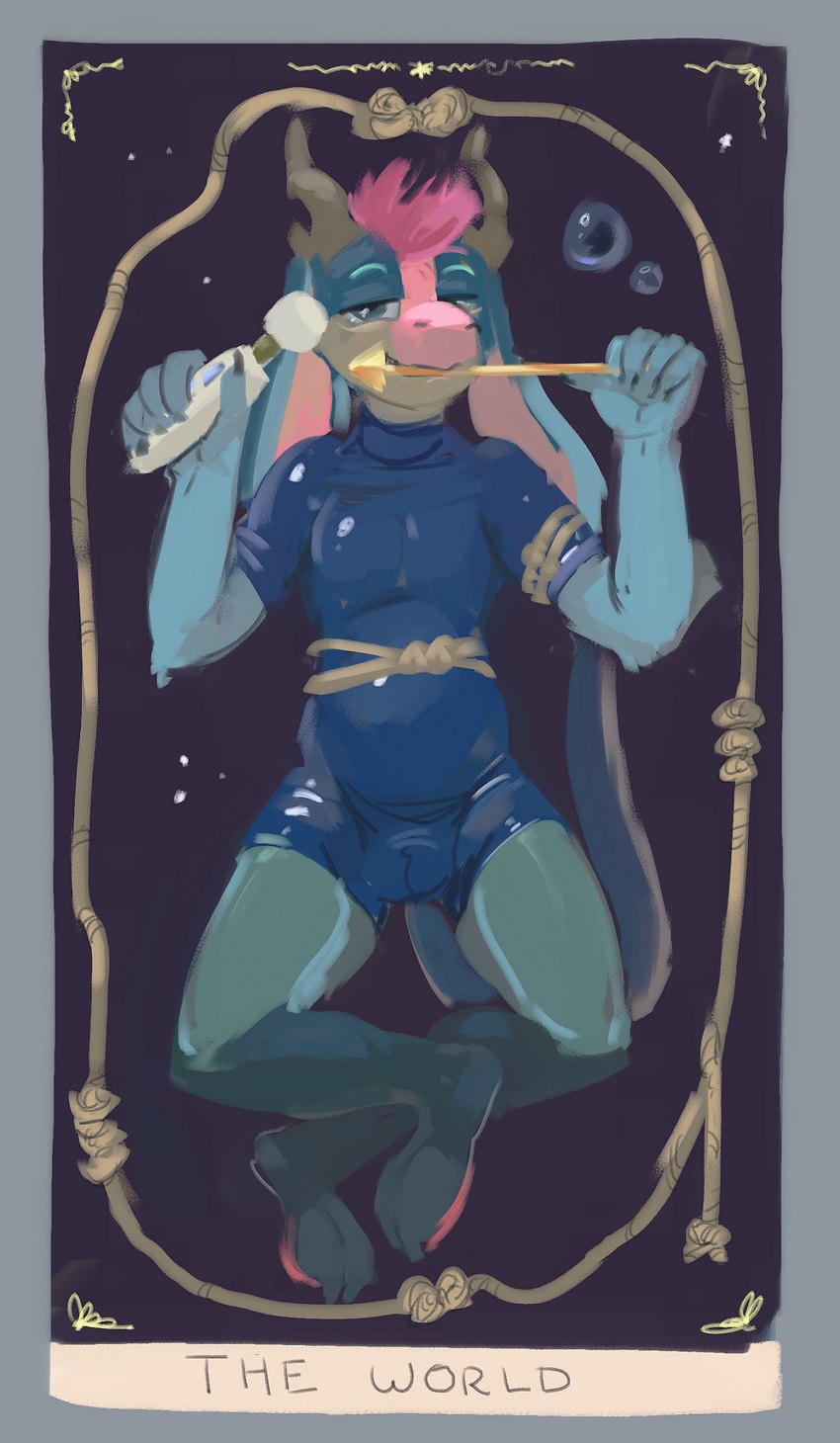 anthro arrow_(weapon) biped blue_body blue_ears blue_fur bubble bulge card card_template clothing floppy_ears fortune_telling front_view fur hair half-closed_eyes hitachi_magic_wand latex latex_clothing latex_skinsuit long_ears looking_at_viewer male narrowed_eyes pawpads pink_hair pink_inner_ear pink_pawpads ranged_weapon rubber_clothing sex_toy short_hair skinsuit solo tail tarot tarot_card tight_clothing vibrator wand_vibrator weapon oselotti mythology silvia_(pullmytail) dragon mythological_creature mythological_scalie scalie hi_res