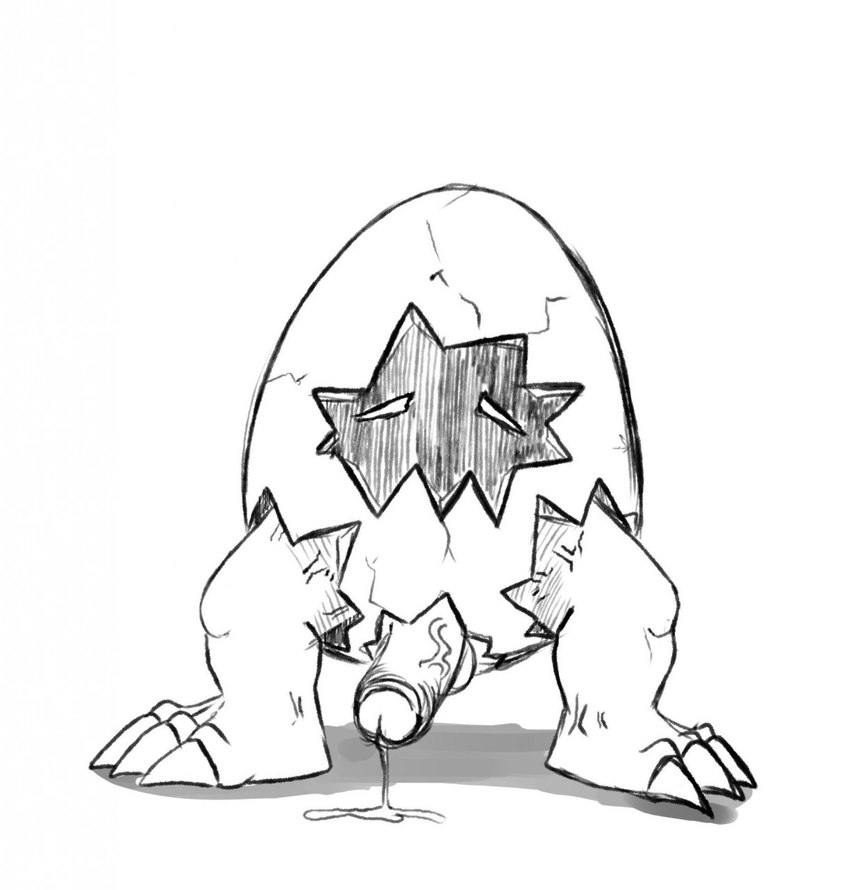 anthro eggshell erection eyes_closed genitals male penis shadow_face solo vein veiny_penis p.v.su bandai_namco digimon digimon_(species) digitamamon hi_res monochrome